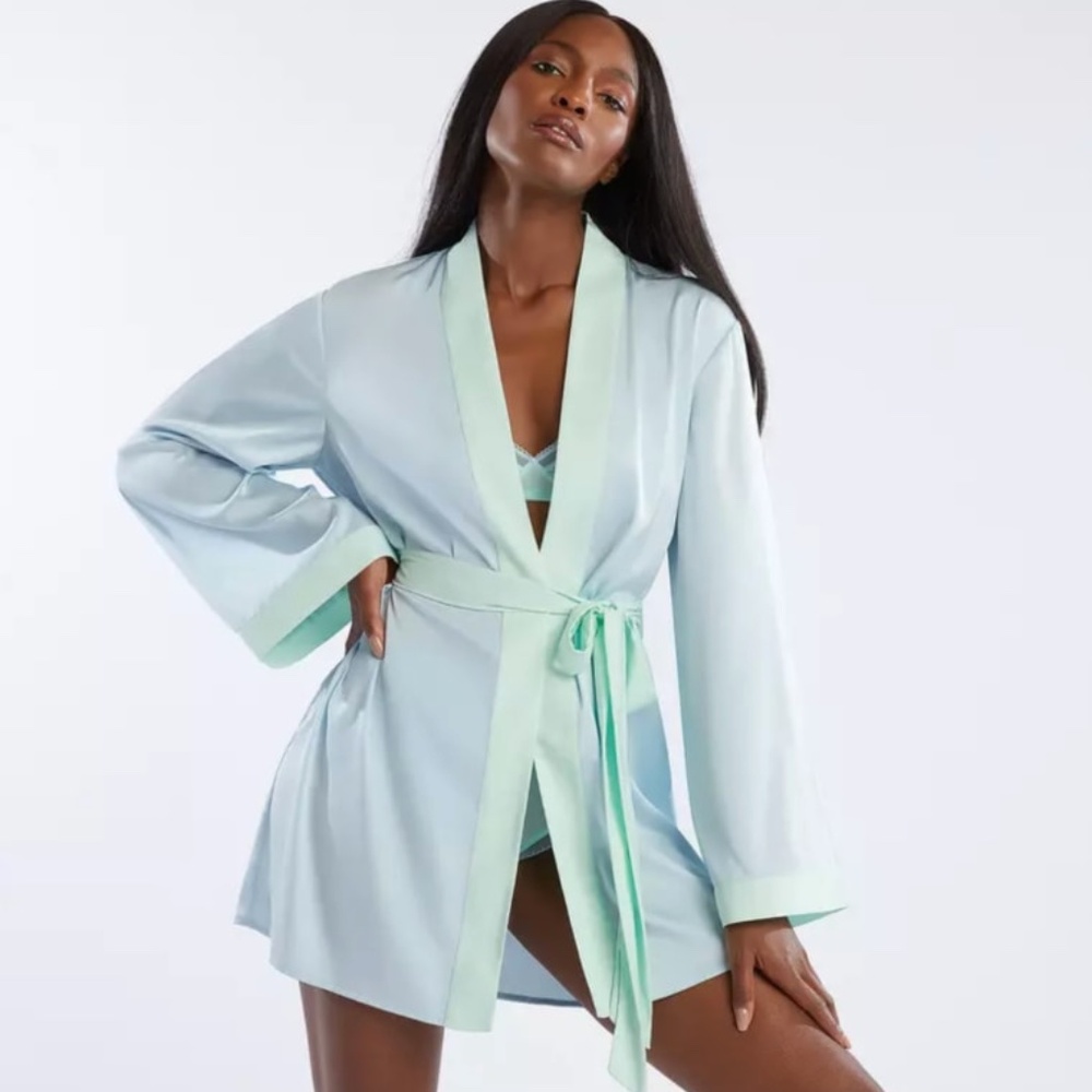 Savage x Fenty Icy Blue & Green Satin Mini Robe with Belt - Rhianna Lingerie